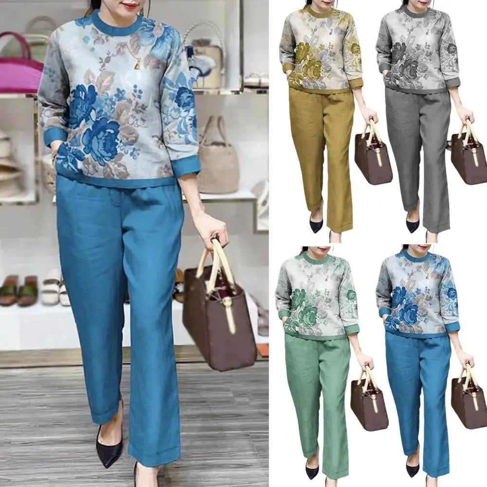 Fashion Women's Loose Print Set – Elegant Cotton Linen O-Neck Long Sleeve Top and Straight Pants Outfit