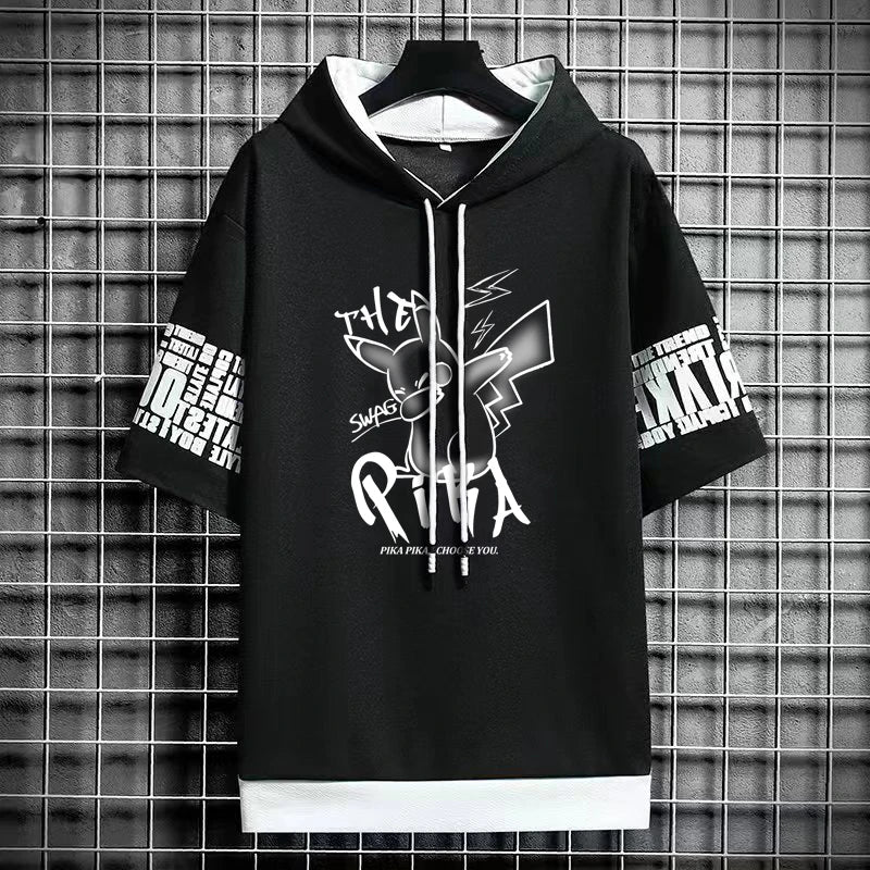 Men's Summer Hooded Graphic T-Shirt – Harajuku Cartoon Anime Shirt, Japanese Streetwear Casual Tee