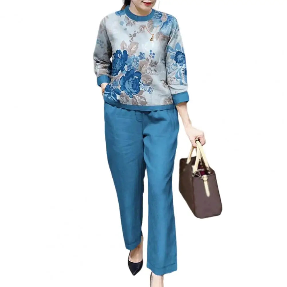 Fashion Women's Loose Print Set – Elegant Cotton Linen O-Neck Long Sleeve Top and Straight Pants Outfit