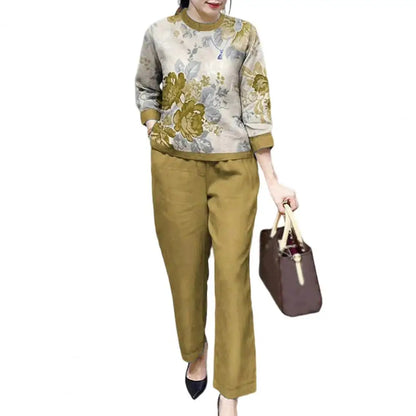 Fashion Women's Loose Print Set – Elegant Cotton Linen O-Neck Long Sleeve Top and Straight Pants Outfit