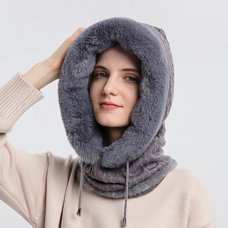 Winter Windproof Plush Knit Hat with Scarf – Warm Hooded Beanie for Women