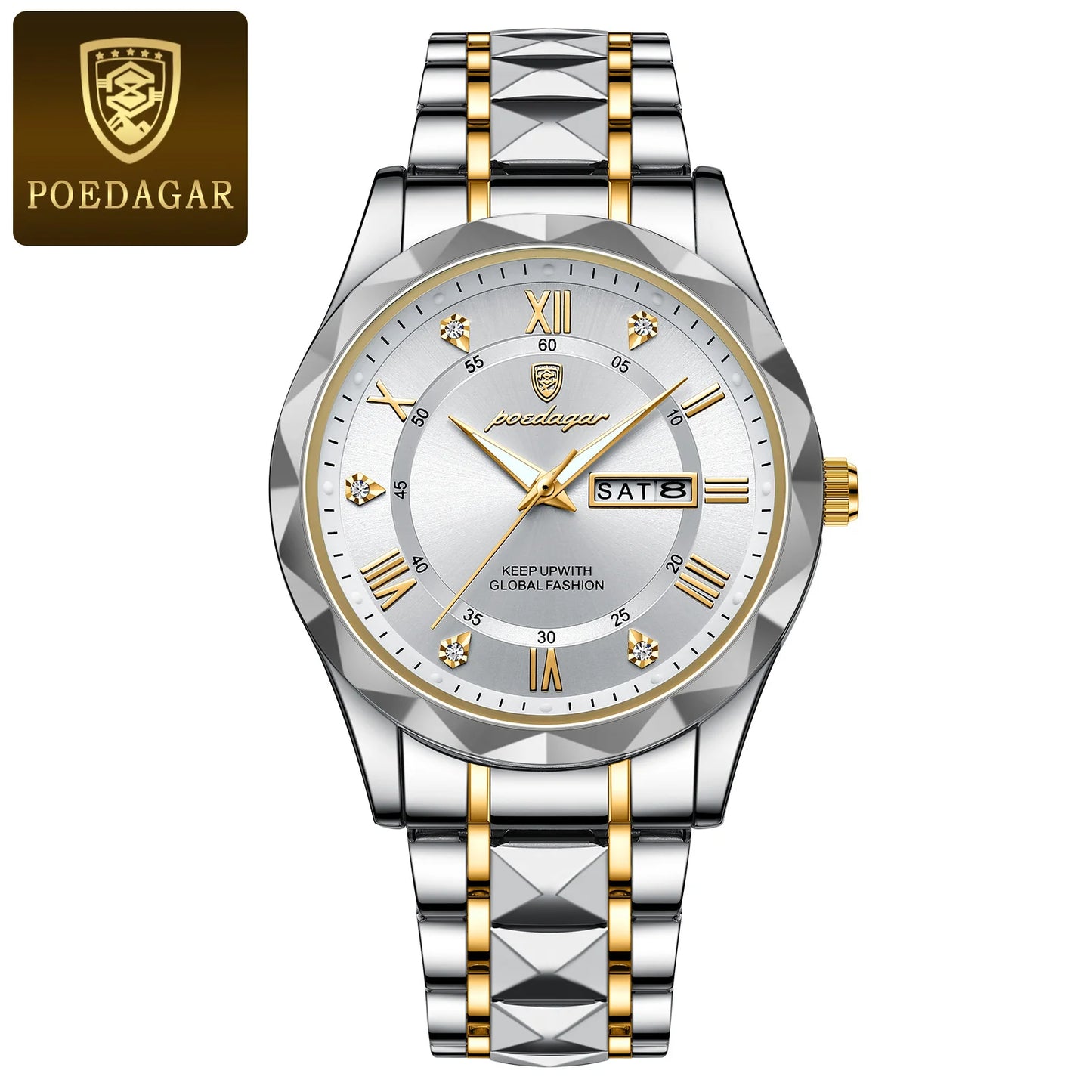 POEDAGAR Luxury Men's Waterproof Wristwatch – Luminous Stainless Steel Quartz Watch with Date & Day Display