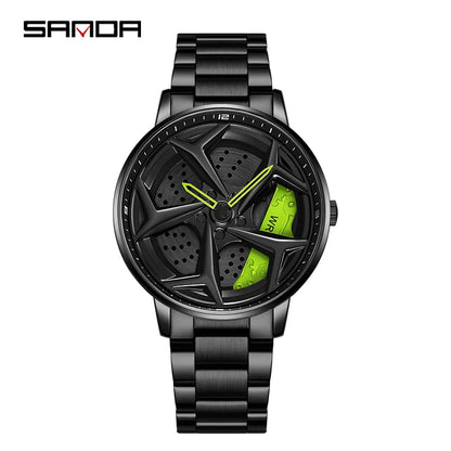 Fashion Men's Luxury Car Wheel Dial Watch – 360° Rotating Sports Quartz, Casual Leather Waterproof Wristwatch