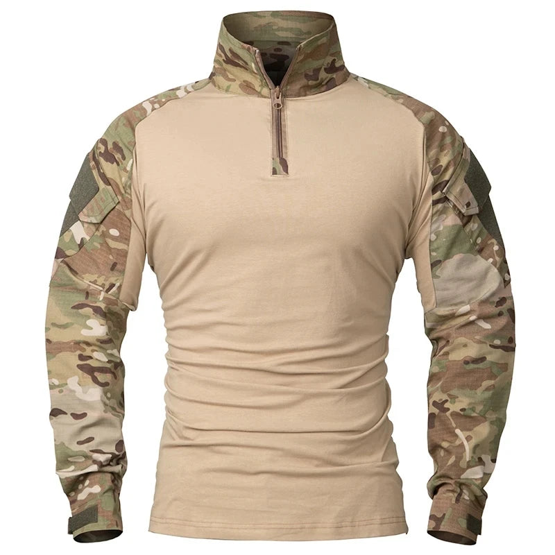 Men's Outdoor Tactical Combat Shirt – Wear-Resistant Camo Ripstop Cotton, 1/4 Zipper Long Sleeve Airsoft T-Shirt