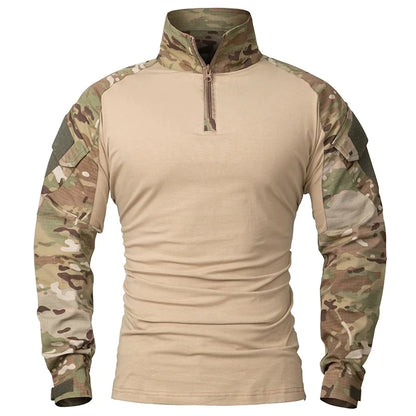 Men's Outdoor Tactical Combat Shirt – Wear-Resistant Camo Ripstop Cotton, 1/4 Zipper Long Sleeve Airsoft T-Shirt