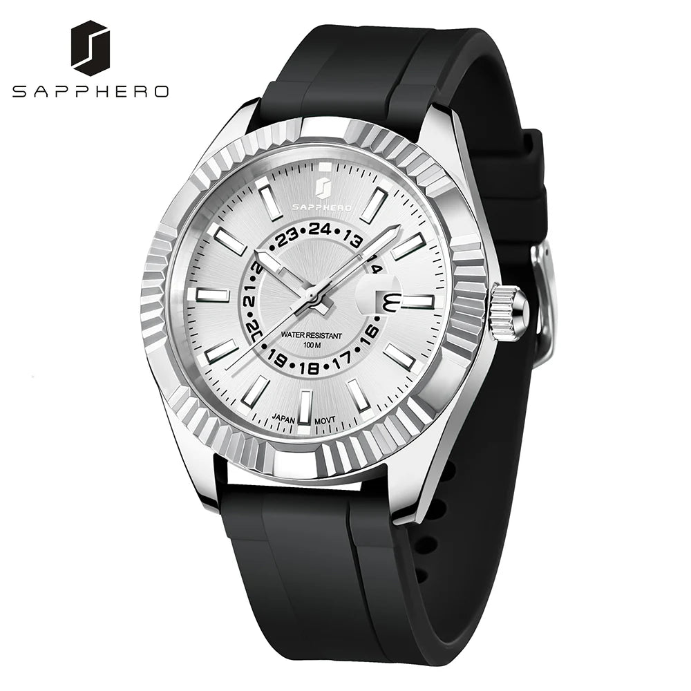 SAPPHERO Men's Watch – Stainless Steel Case, MIYOTA Quartz Movement, Silicone Strap, 100M Waterproof & Luminous