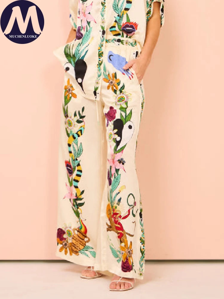 Summer Bohemian 2-Piece Set – Women’s Half Sleeve Printed Shirt and Loose Wide-Leg Pants