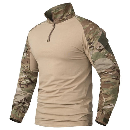 Men's Outdoor Tactical Combat Shirt – Wear-Resistant Camo Ripstop Cotton, 1/4 Zipper Long Sleeve Airsoft T-Shirt