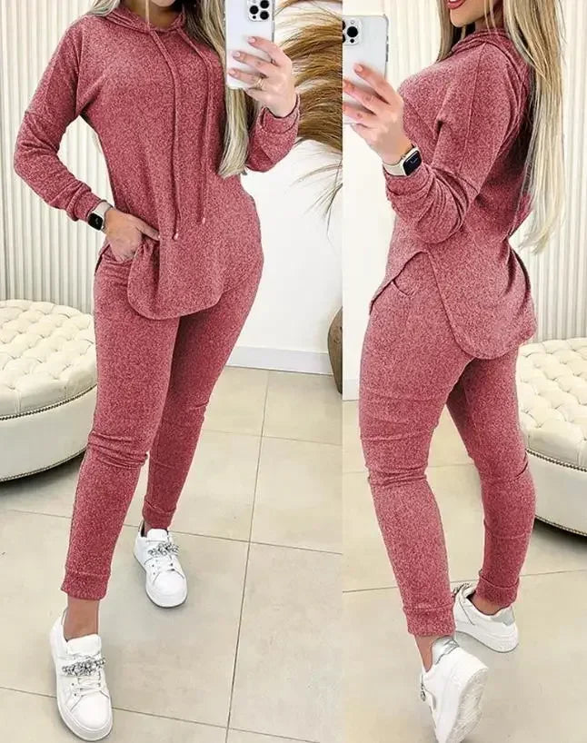 Women's 2-Piece Set – Spring Fashion Hooded Sweatshirt with Hem Slit & High Waist Casual Pocket Pants