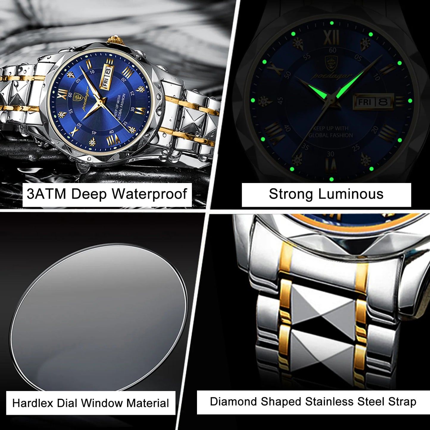 POEDAGAR Luxury Men's Waterproof Wristwatch – Luminous Stainless Steel Quartz Watch with Date & Day Display