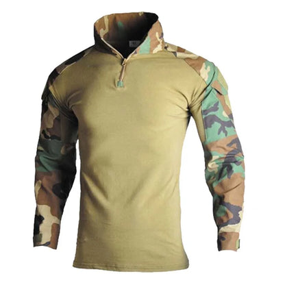 Men's Outdoor Tactical Combat Shirt – Wear-Resistant Camo Ripstop Cotton, 1/4 Zipper Long Sleeve Airsoft T-Shirt