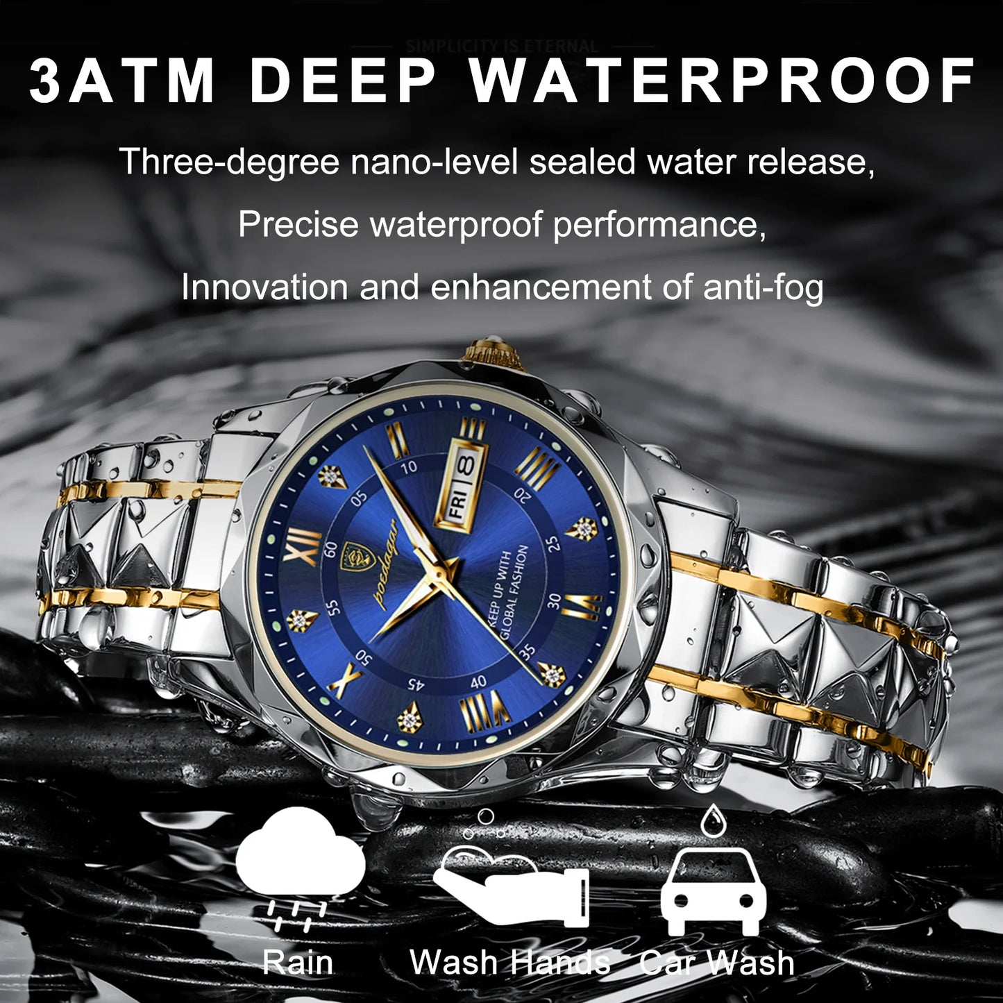 POEDAGAR Luxury Men's Waterproof Wristwatch – Luminous Stainless Steel Quartz Watch with Date & Day Display