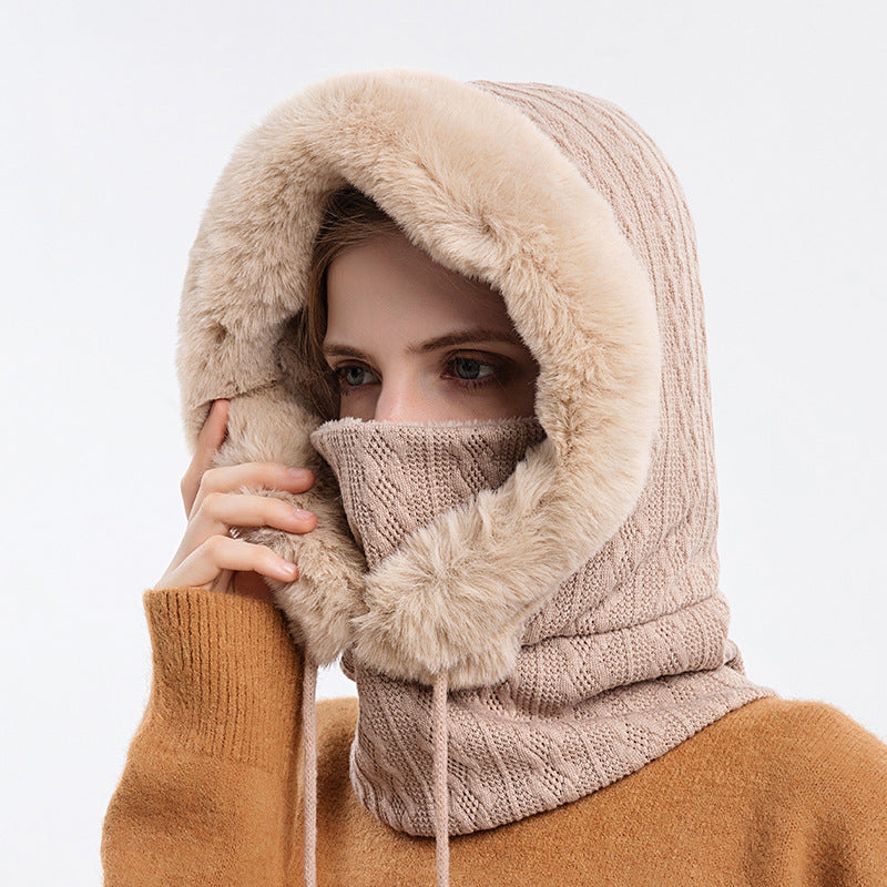 Winter Windproof Plush Knit Hat with Scarf – Warm Hooded Beanie for Women