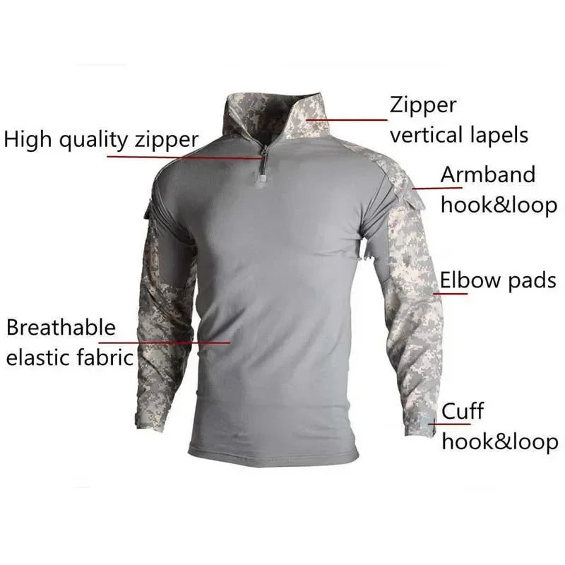 Men's Outdoor Tactical Combat Shirt – Wear-Resistant Camo Ripstop Cotton, 1/4 Zipper Long Sleeve Airsoft T-Shirt