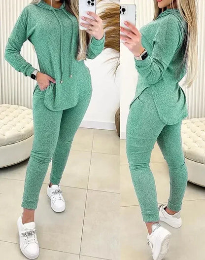 Women's 2-Piece Set – Spring Fashion Hooded Sweatshirt with Hem Slit & High Waist Casual Pocket Pants