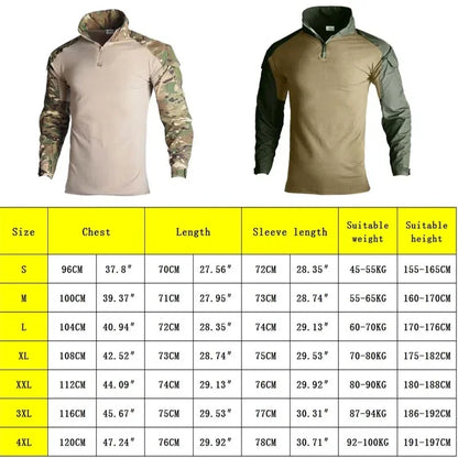 Men's Outdoor Tactical Combat Shirt – Wear-Resistant Camo Ripstop Cotton, 1/4 Zipper Long Sleeve Airsoft T-Shirt