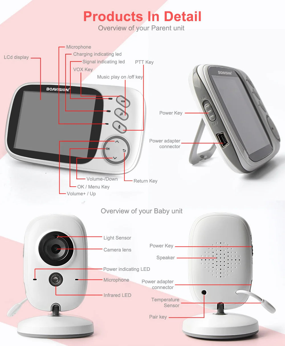 VB603 Video Baby Monitor – 2.4G Wireless with 3.2'' LCD, Two-Way Audio, Night Vision, and Security Camera