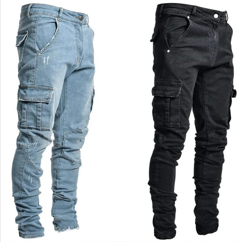 Men's Cargo Jeans – Mid Waist Denim Pants with Multi-Pockets, Solid Color, Plus Size Fashion Casual Trousers for Daily Wear