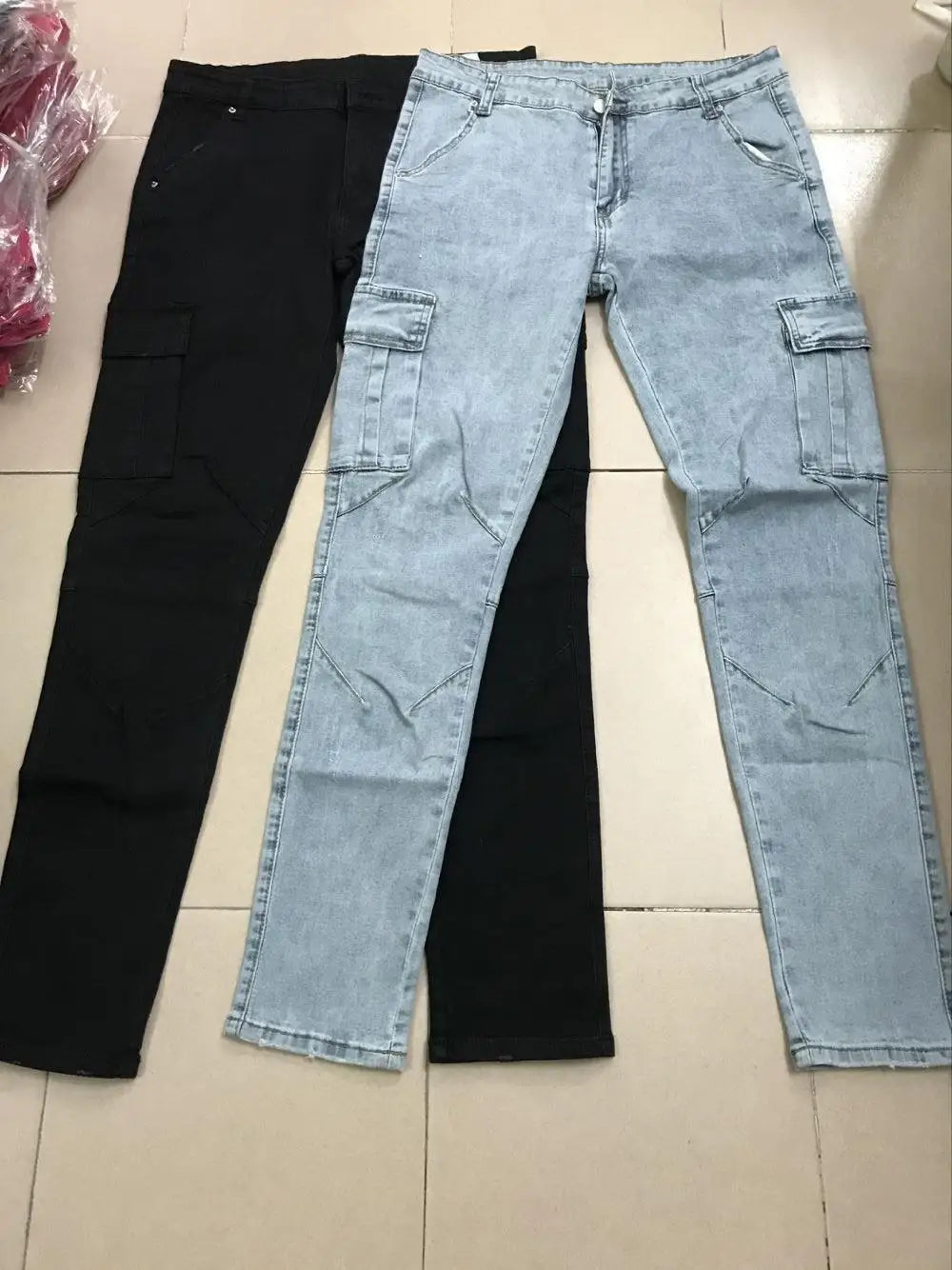 Men's Cargo Jeans – Mid Waist Denim Pants with Multi-Pockets, Solid Color, Plus Size Fashion Casual Trousers for Daily Wear