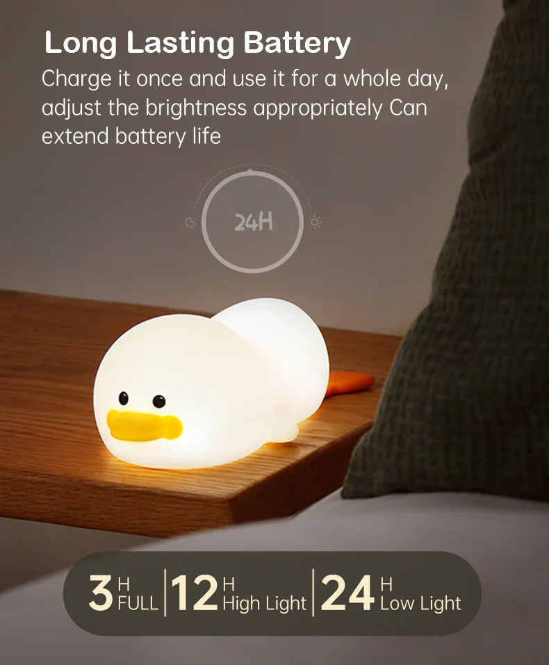 Doudou Duck Night Light – Soft Silicone Eye-Care Lamp for Kids, USB Charging, Clap Activation & Automatic Timer