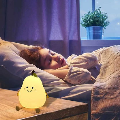 Pear-Shaped Silicone Night Light for Kids – 7-Color Dimmable USB Rechargeable Night Lamp for Bedroom & Bedside