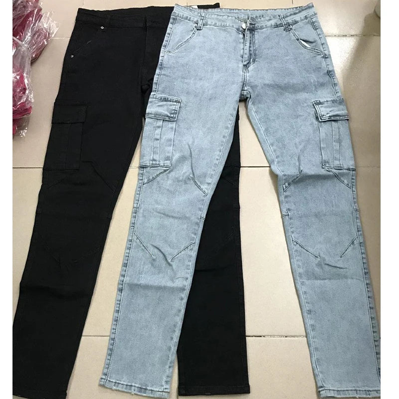 Men's Cargo Jeans – Mid Waist Denim Pants with Multi-Pockets, Solid Color, Plus Size Fashion Casual Trousers for Daily Wear