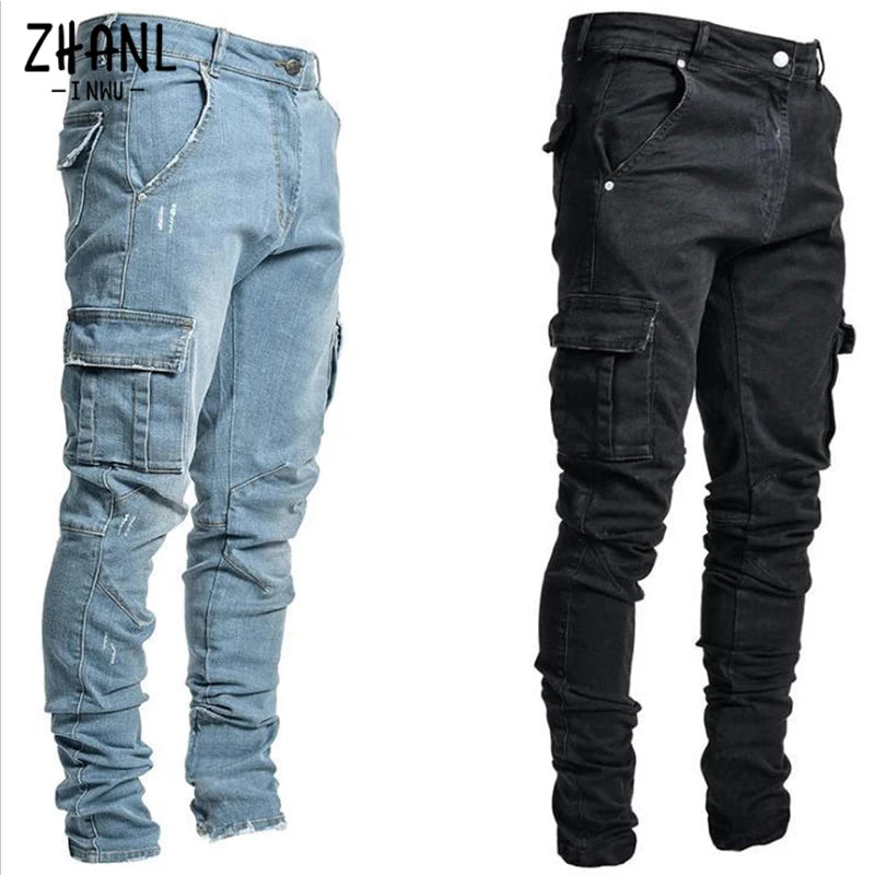 Men's Cargo Jeans – Mid Waist Denim Pants with Multi-Pockets, Solid Color, Plus Size Fashion Casual Trousers for Daily Wear