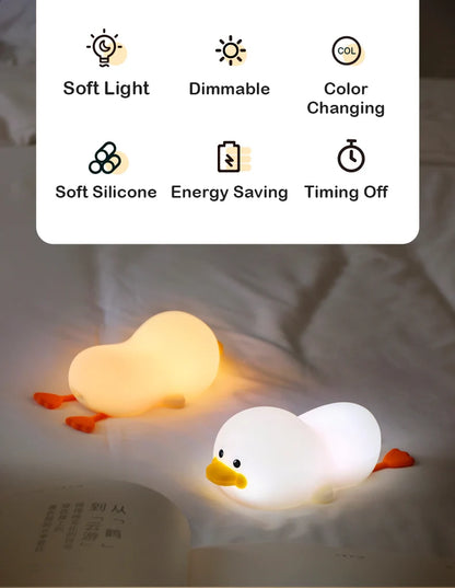 Doudou Duck Night Light – Soft Silicone Eye-Care Lamp for Kids, USB Charging, Clap Activation & Automatic Timer