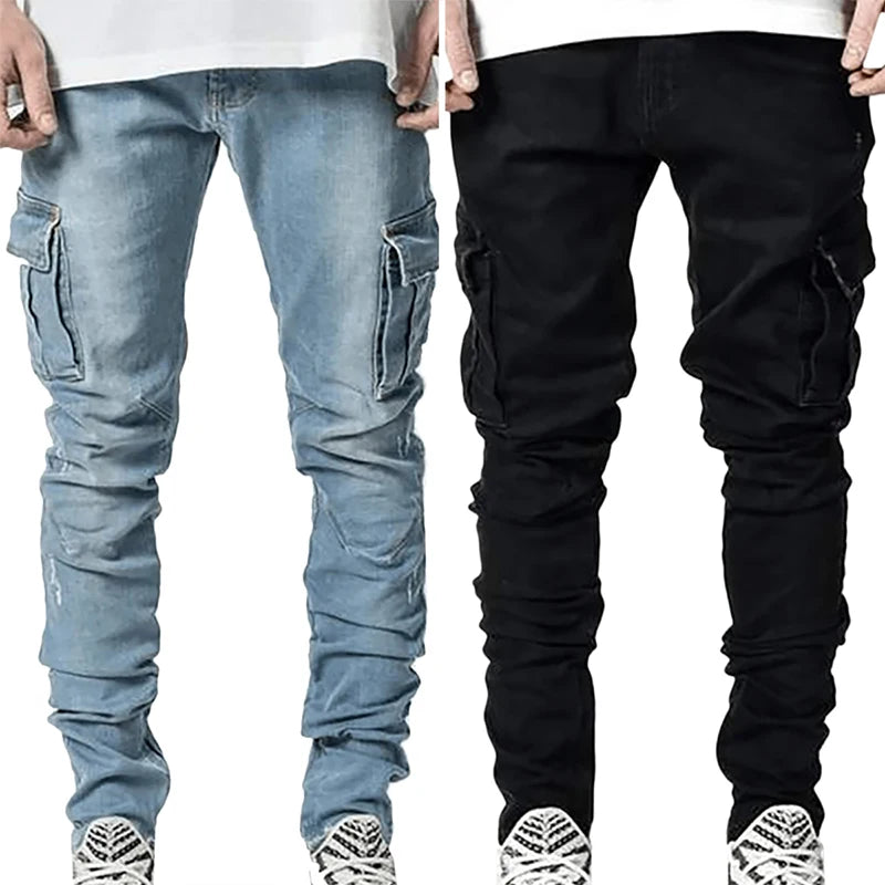 Men's Cargo Jeans – Mid Waist Denim Pants with Multi-Pockets, Solid Color, Plus Size Fashion Casual Trousers for Daily Wear