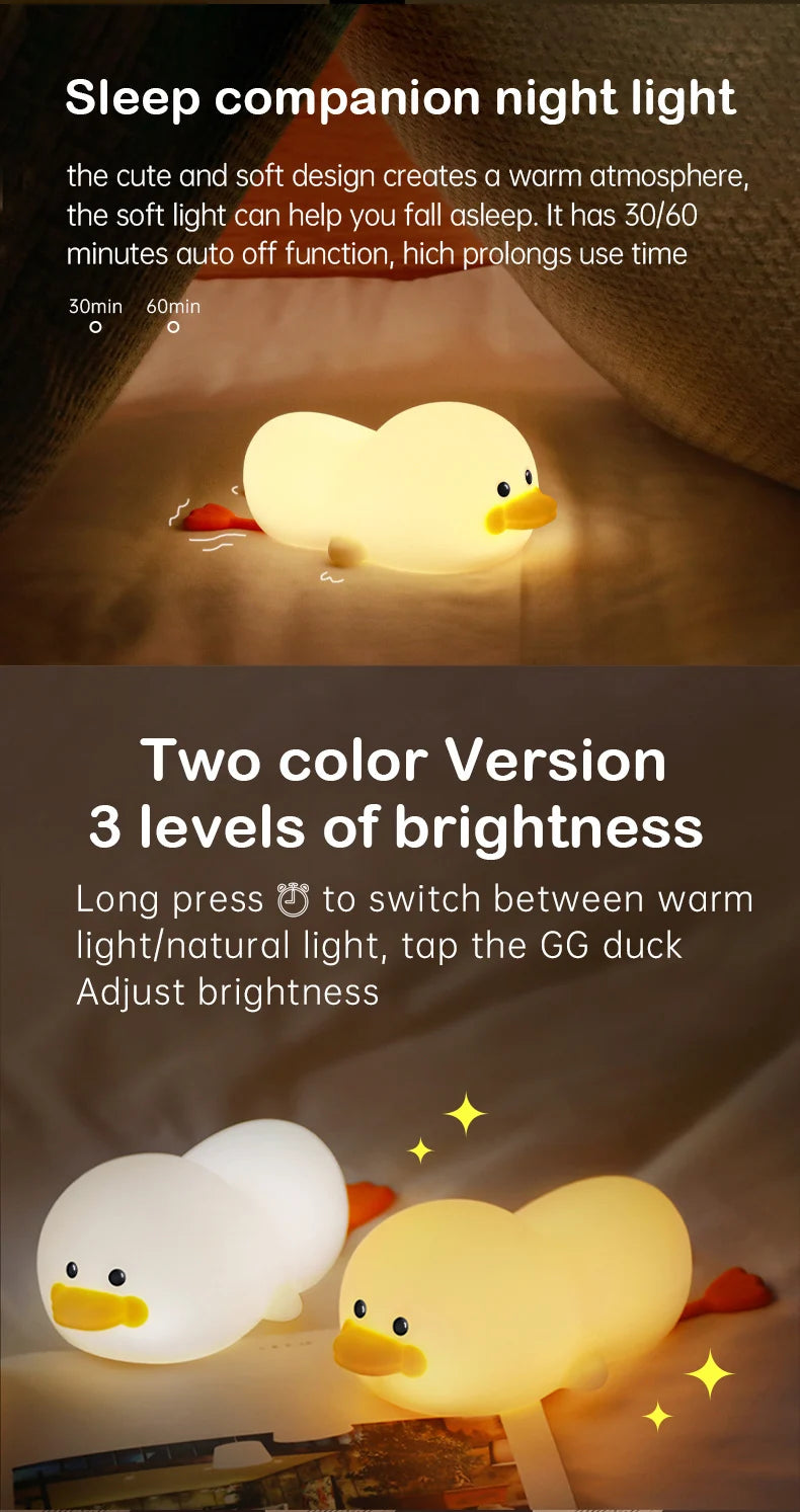 Doudou Duck Night Light – Soft Silicone Eye-Care Lamp for Kids, USB Charging, Clap Activation & Automatic Timer