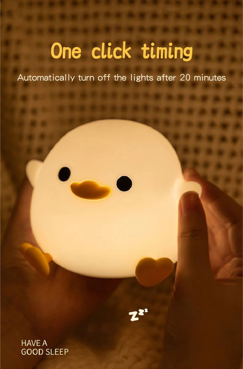 Doudou Duck Night Light – Soft Silicone Eye-Care Lamp for Kids, USB Charging, Clap Activation & Automatic Timer