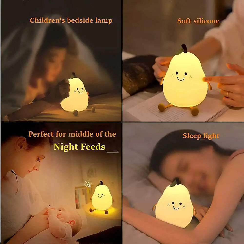 Pear-Shaped Silicone Night Light for Kids – 7-Color Dimmable USB Rechargeable Night Lamp for Bedroom & Bedside