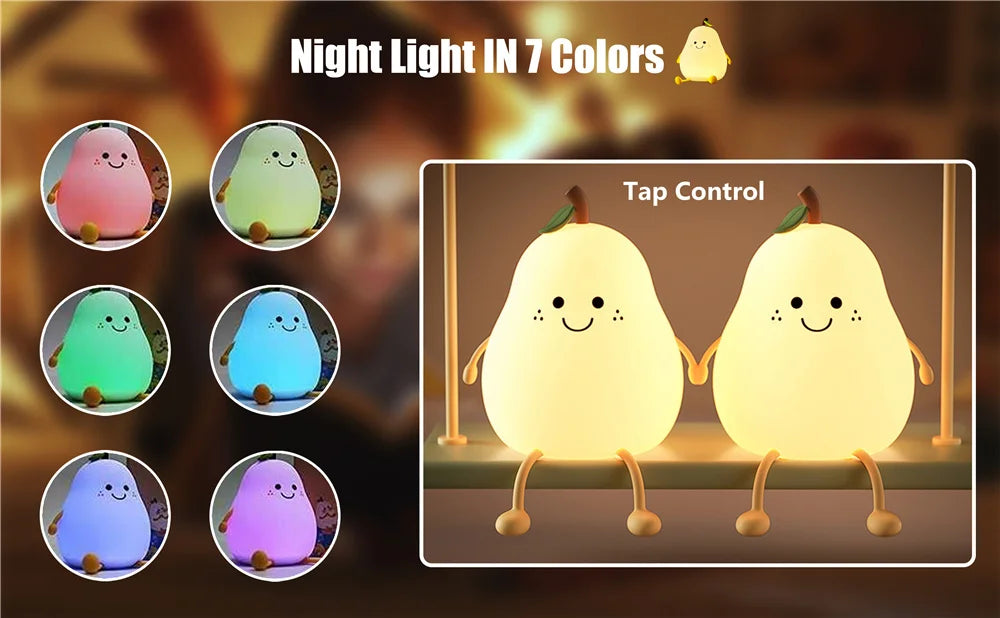 Pear-Shaped Silicone Night Light for Kids – 7-Color Dimmable USB Rechargeable Night Lamp for Bedroom & Bedside