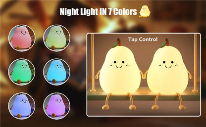 Pear-Shaped Silicone Night Light for Kids – 7-Color Dimmable USB Rechargeable Night Lamp for Bedroom & Bedside