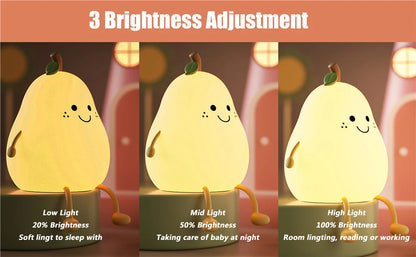 Pear-Shaped Silicone Night Light for Kids – 7-Color Dimmable USB Rechargeable Night Lamp for Bedroom & Bedside