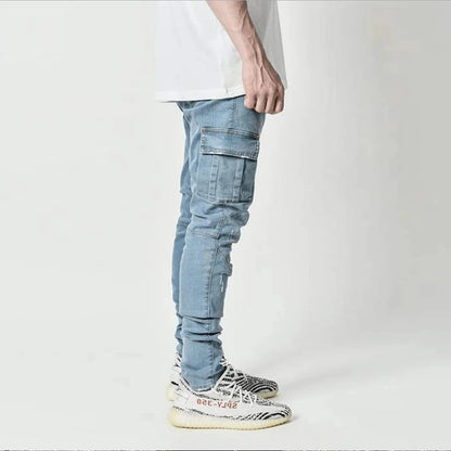 Men's Cargo Jeans – Mid Waist Denim Pants with Multi-Pockets, Solid Color, Plus Size Fashion Casual Trousers for Daily Wear