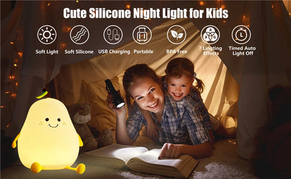 Pear-Shaped Silicone Night Light for Kids – 7-Color Dimmable USB Rechargeable Night Lamp for Bedroom & Bedside