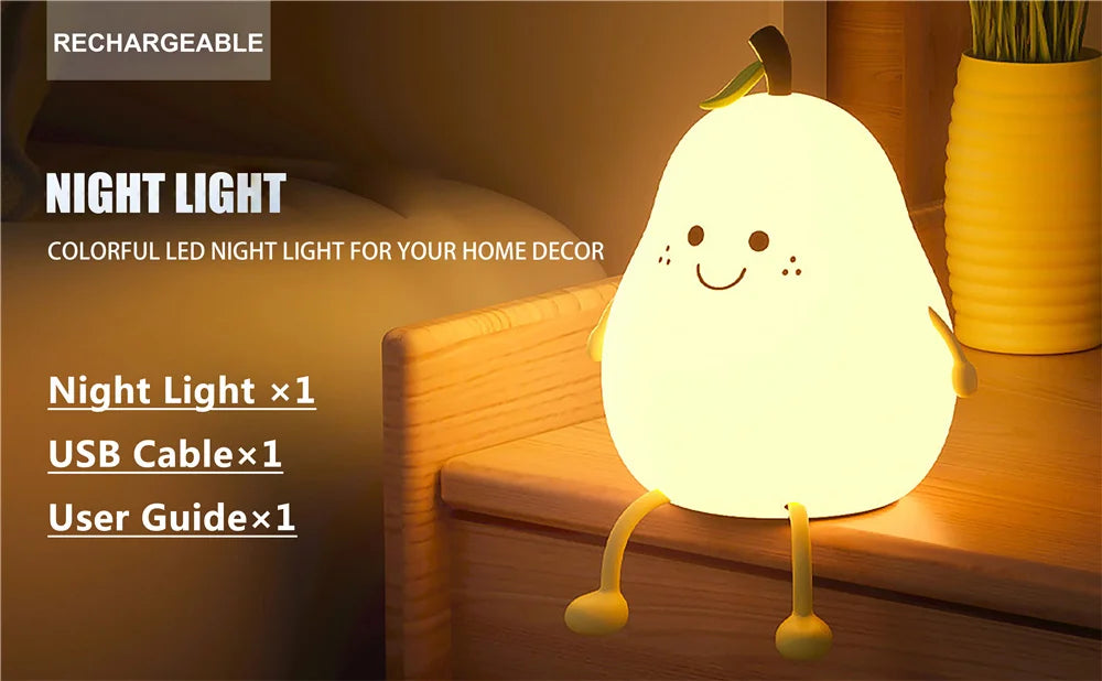 Pear-Shaped Silicone Night Light for Kids – 7-Color Dimmable USB Rechargeable Night Lamp for Bedroom & Bedside