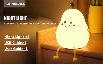 Pear-Shaped Silicone Night Light for Kids – 7-Color Dimmable USB Rechargeable Night Lamp for Bedroom & Bedside