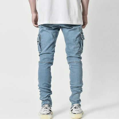 Men's Cargo Jeans – Mid Waist Denim Pants with Multi-Pockets, Solid Color, Plus Size Fashion Casual Trousers for Daily Wear