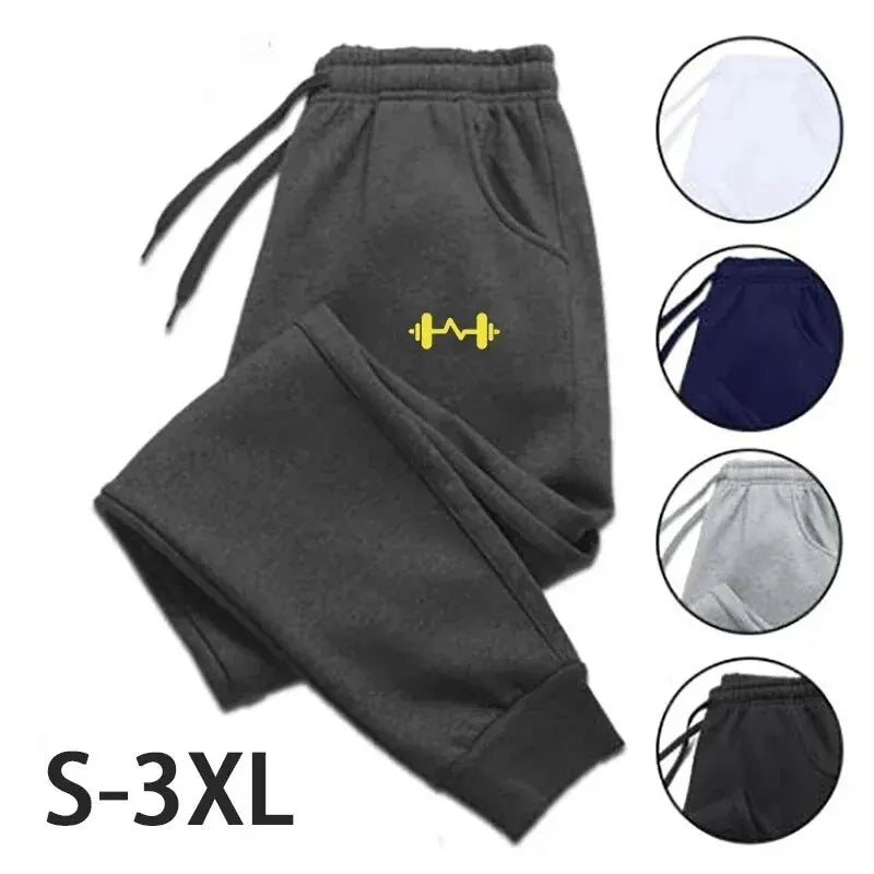 Barbell Printed Fleece Men's Trousers – Autumn Winter Casual Drawstring Sweatpants, Jogging Sports Pants