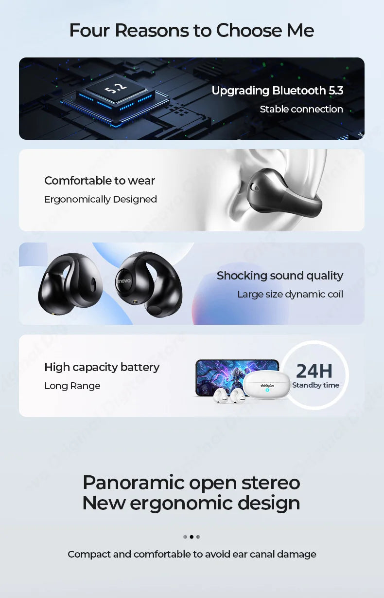 Wireless Headphones – Bluetooth 5.3 Earclip Design, Touch Control Bone Conduction Earbuds for Sports