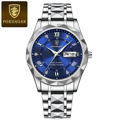 POEDAGAR Luxury Men's Waterproof Wristwatch – Luminous Stainless Steel Quartz Watch with Date & Day Display