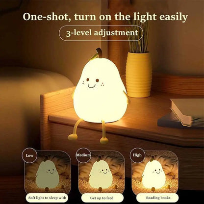 Pear-Shaped Silicone Night Light for Kids – 7-Color Dimmable USB Rechargeable Night Lamp for Bedroom & Bedside