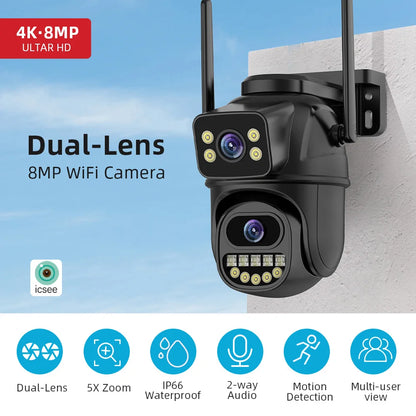 WiFi Surveillance Camera – Dual Lens, 4X Digital Zoom, AI Human Detection, ONVIF, 4K 8MP Outdoor Security PTZ IP Camera