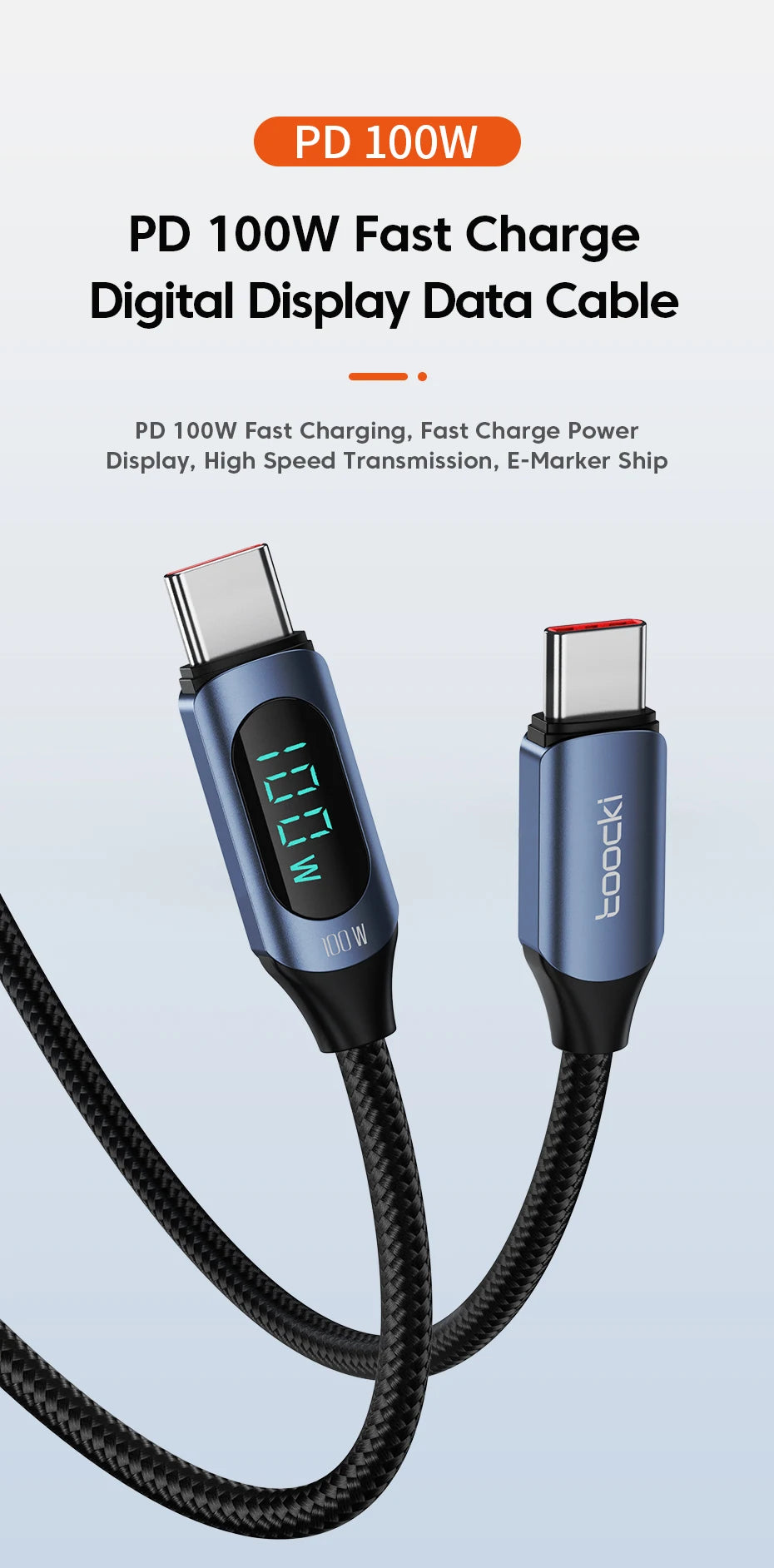 Toocki Type C to Type C Cable – 100W PD Fast Charging USB-C Display Cable for Xiaomi, POCO F3, Realme, MacBook, and iPad