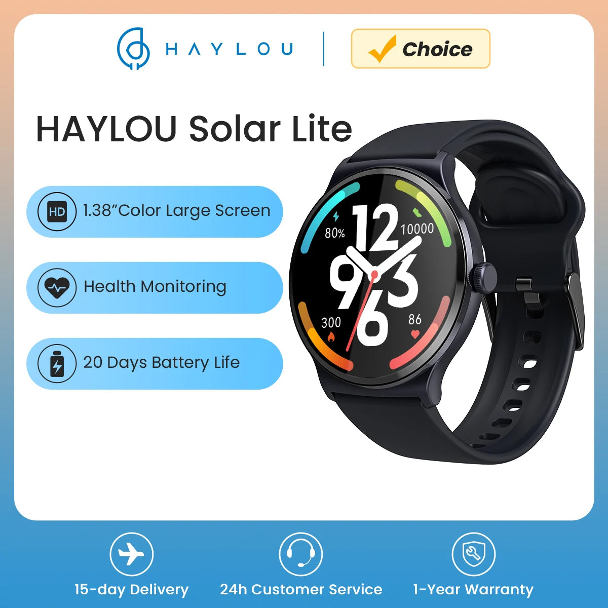 Haylou Solar Lite Smartwatch – 100+ Workout Modes, Heart Rate & Blood Oxygen Monitoring, Sleep & Stress Testing Sport Watch