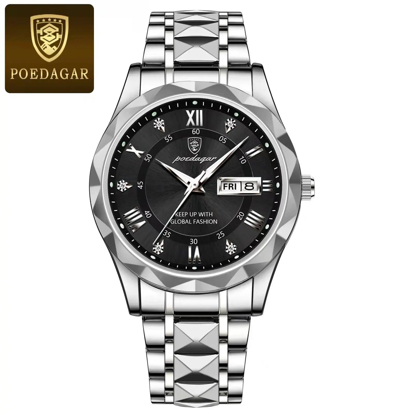 POEDAGAR Luxury Men's Waterproof Wristwatch – Luminous Stainless Steel Quartz Watch with Date & Day Display