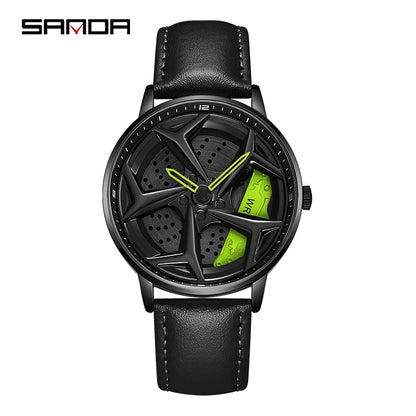 Fashion Men's Luxury Car Wheel Dial Watch – 360° Rotating Sports Quartz, Casual Leather Waterproof Wristwatch