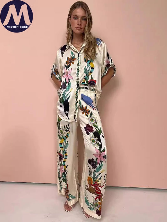 Summer Bohemian 2-Piece Set – Women’s Half Sleeve Printed Shirt and Loose Wide-Leg Pants